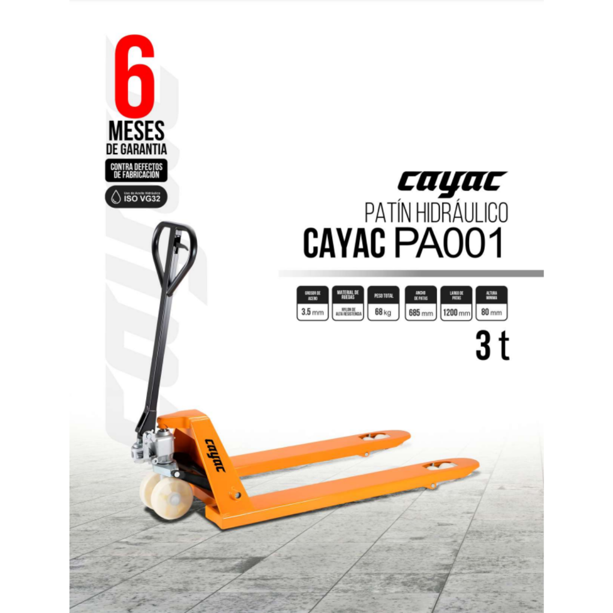 Patin Hidráulico Manual Cayac  3 Toneladas Modelo PA001