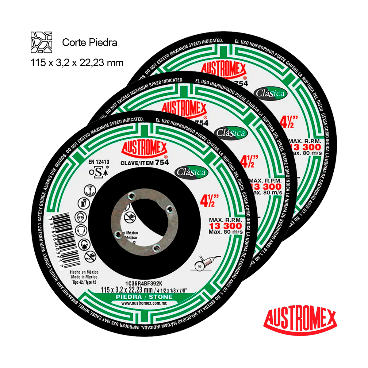 Paquete de Discos de Corte Piedra Austromex 4-1/2" 3 Pzs