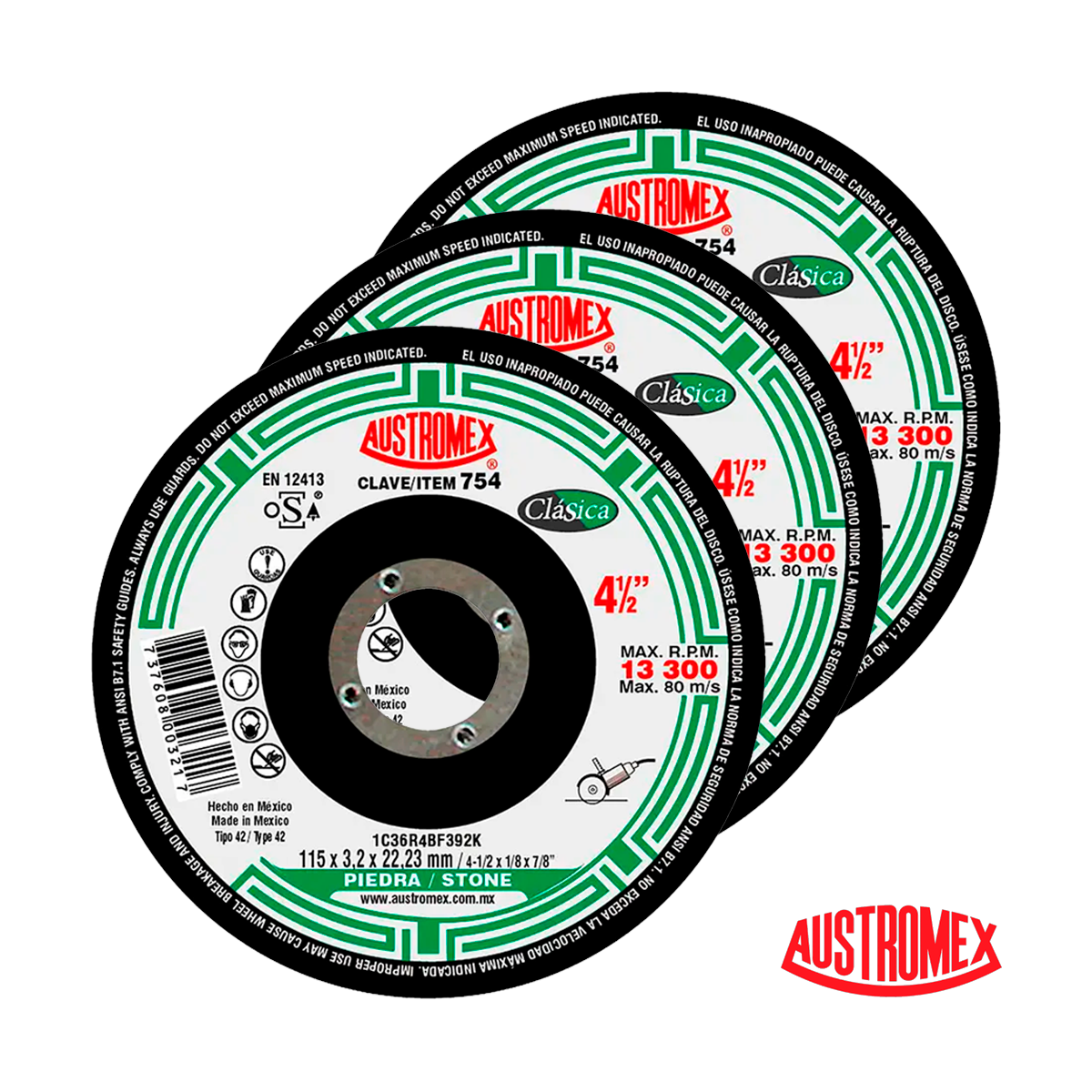 Paquete de Discos de Corte Piedra Austromex 4-1/2" 3 Pzs