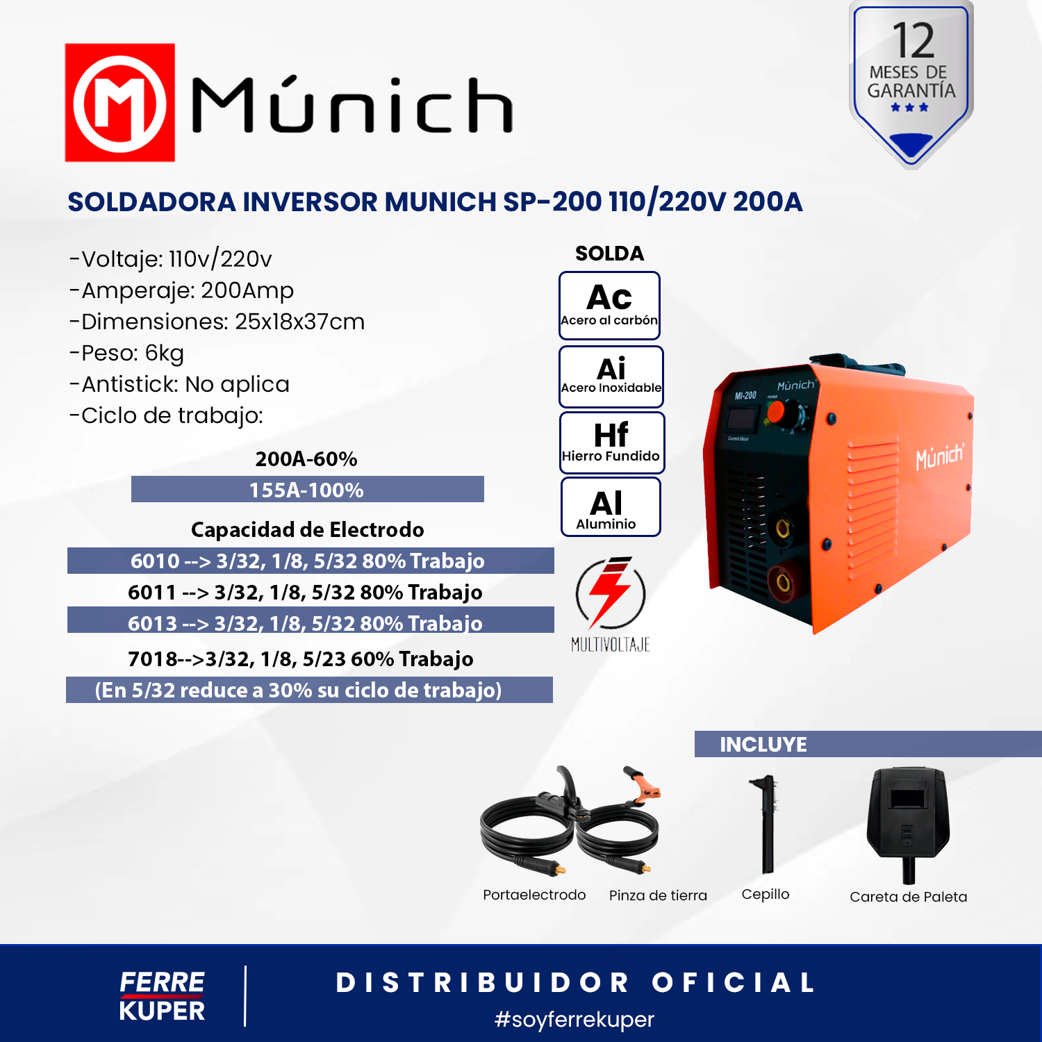 Soldadora Inversor Munich MI-200 110/220V 200 AMP - FERREKUPER