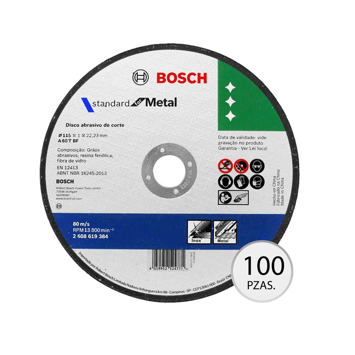 Paquete De Discos Bosch Corte Para Metal 4 1/2 100 Pzs